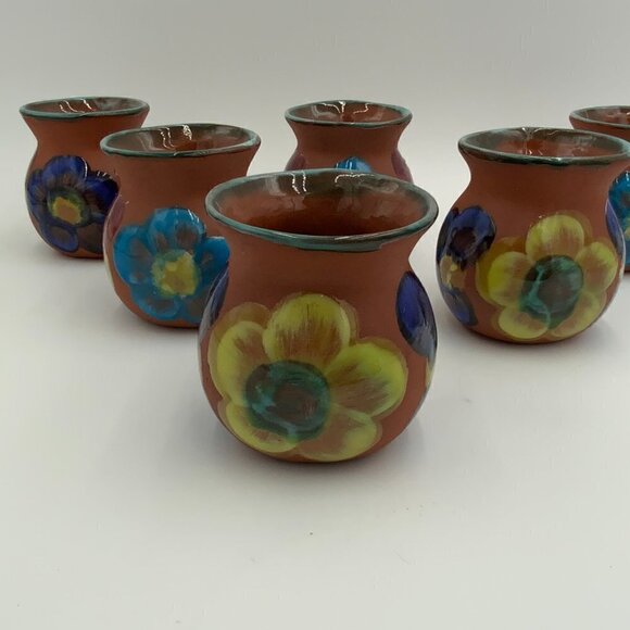 Set of 6 Mexican Clay Pottery Coffee Cup Chocolate Mug Hand Painted Flowers EUC - Picture 8 of 16